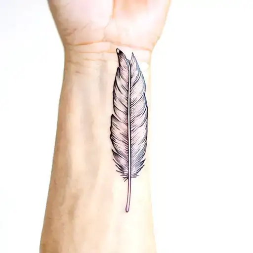 222 Diagonal Of A Feather Next To It And A Peace Hand Gesture On The Wrist