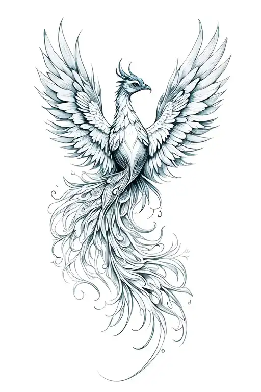 Fantasy Phoenix Feminine Lines Open Wings Soft Edges Very Long Flowy Peacock Type Tail Feathers
