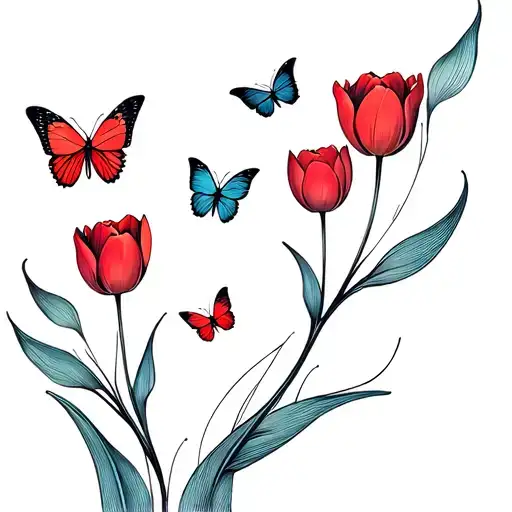 Tulips And Butterflies Flying