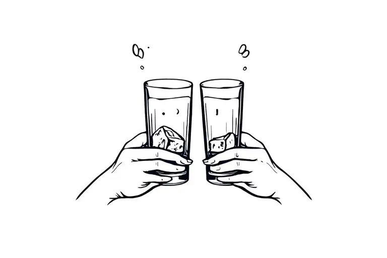 Two Hands Both Holding Whiskey Rocks Glasses Cheersing - Minimalistic Line Work Design