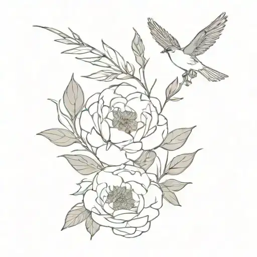 Fine Line Peony Flower On Shoulder With Four Swallows