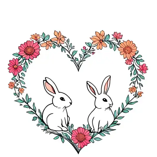 2 Rabbits In Flowers In The Shape Of A Heart Shape