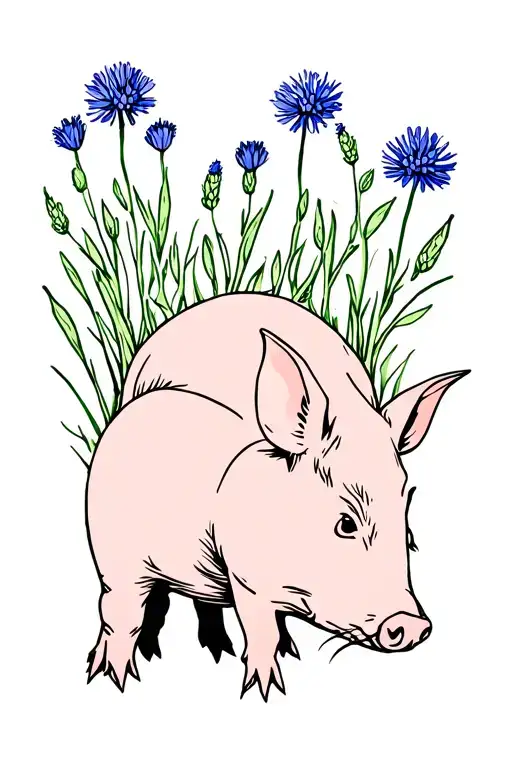 Piglet Wildboar With Cornflowers Growing Out Of Them