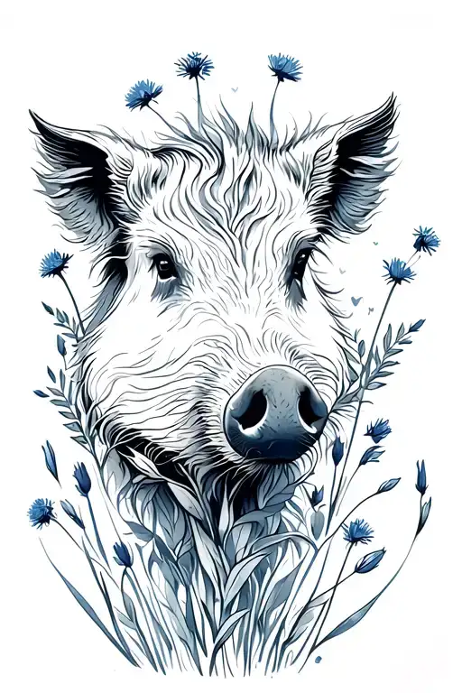 Wildboar With Cornflowers Growing Out Of Them