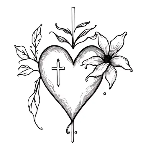 Realistic Heart And Cross And Passionate Flower