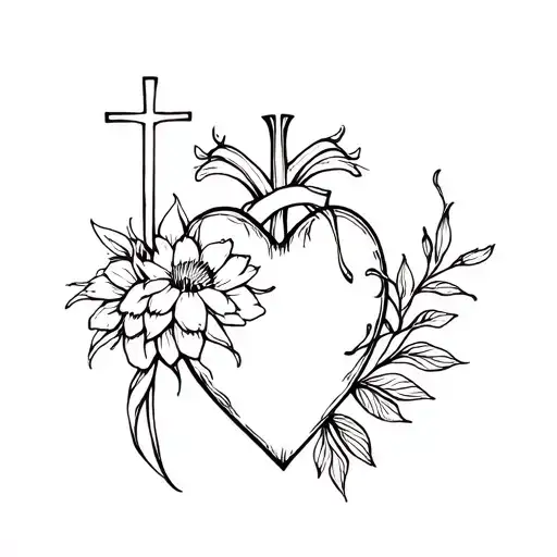 Realistic Heart And Cross And Passionate Flower