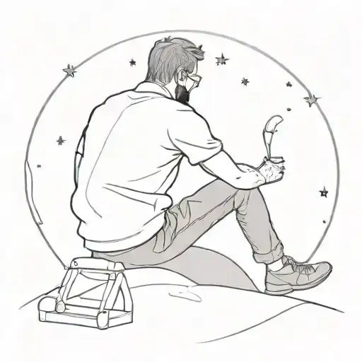Back View Of A Man Painting The Sky And Stars While Sitting On The Crescent