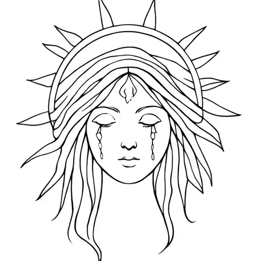 Goddess Head And Shoulders With Sun Rays Around Head And Veil On Head And Tears From Eyes