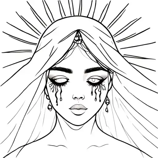 Bride Wearing Veil With Tears From Eyes And Sun Rays Around Head Outline Style