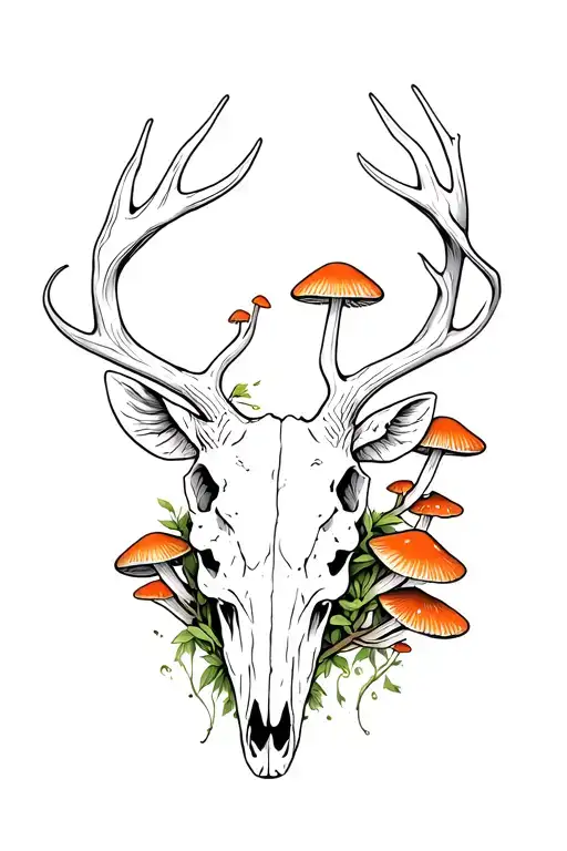 Deer Skull With Mushrooms Growing And Vines Wrapped