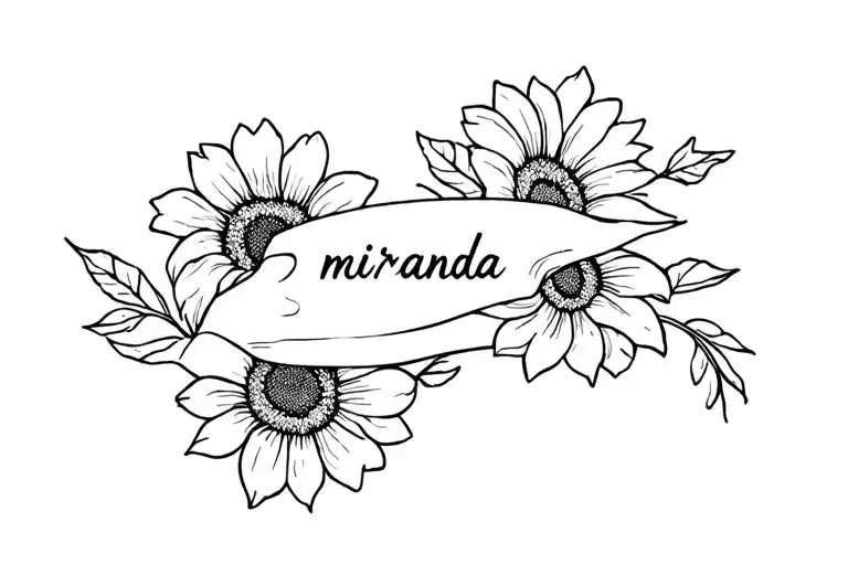 Sunflowers And Hibiscus Flowers With The Name Miranda Intertwined On Forearm And Wrist