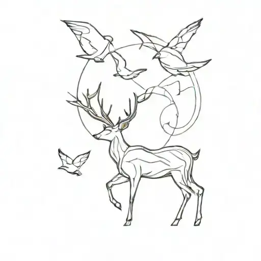 Minimalist Deer And Three Birds Flying