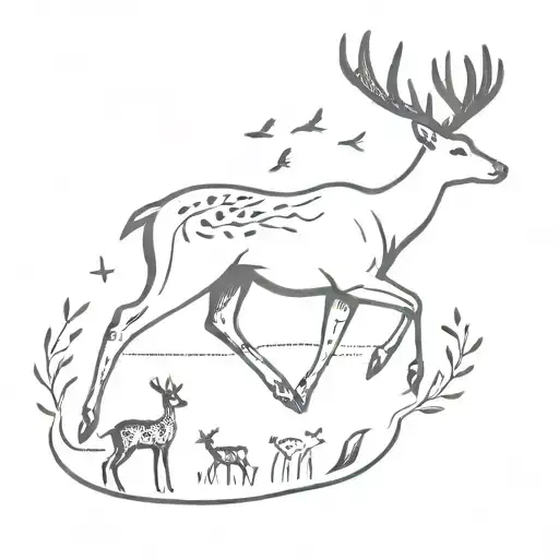 Simple Minimalist Deer With 3 Little Birds Flying Nearby
