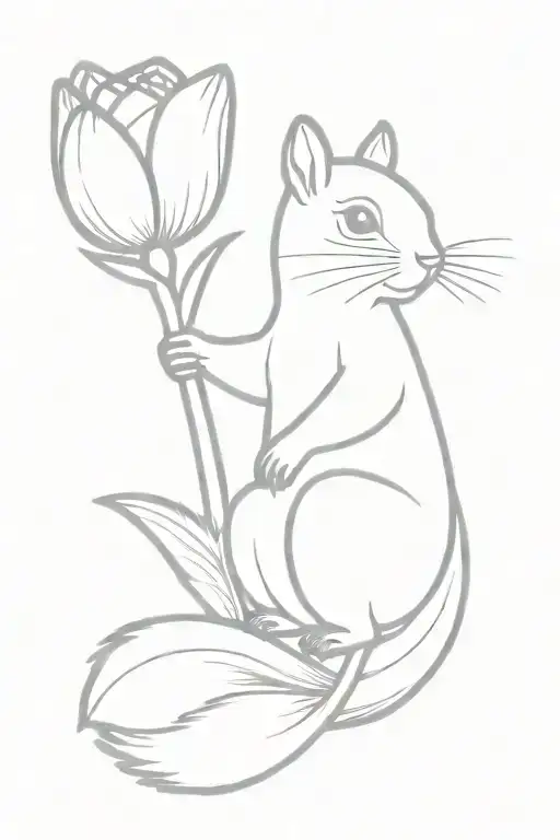 Squirrel With Fluffy Tail Holding Tulip Flower