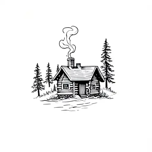 Small Cabin In The Woods With Smoke Coming From Chimney