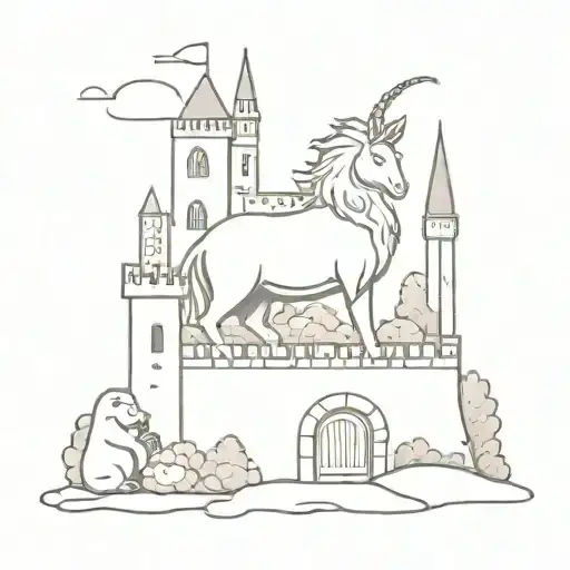 A Minimalist Tattoo Of A Mythical Creature Eating In A Castle Garden