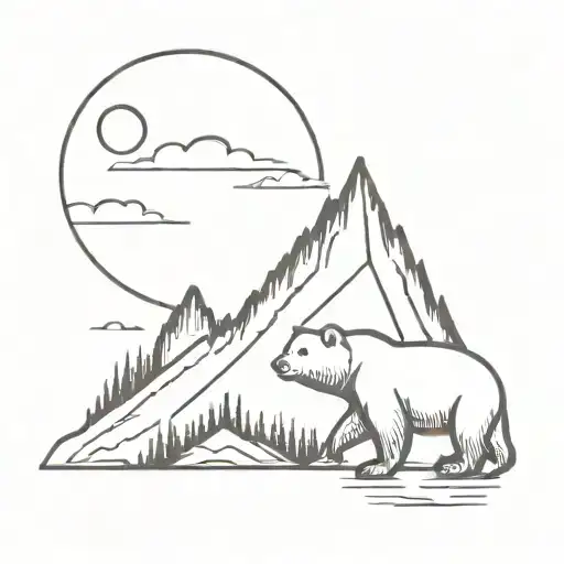 Bear In Front Of A Mountain With Sun