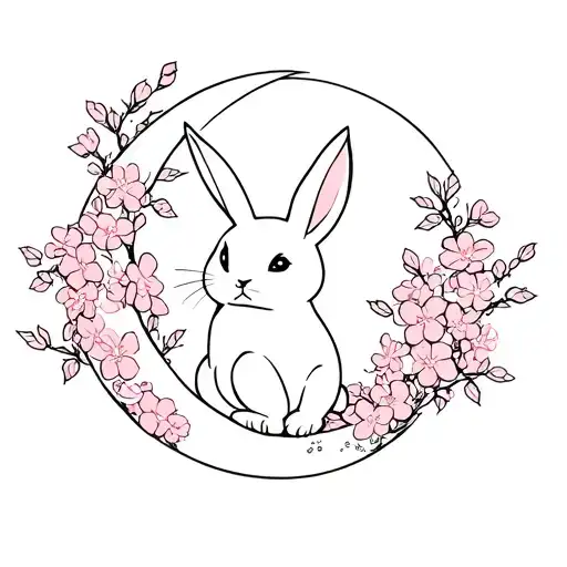 Cresent Moon Bunny Sitting Inside Sakura Flowers Lineart