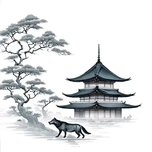 Realistic Japanese Pagodo With Wolf And Trees