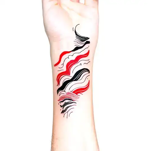 Minimalist Red And Black Waves Tattoo For A Couple On The Forearm