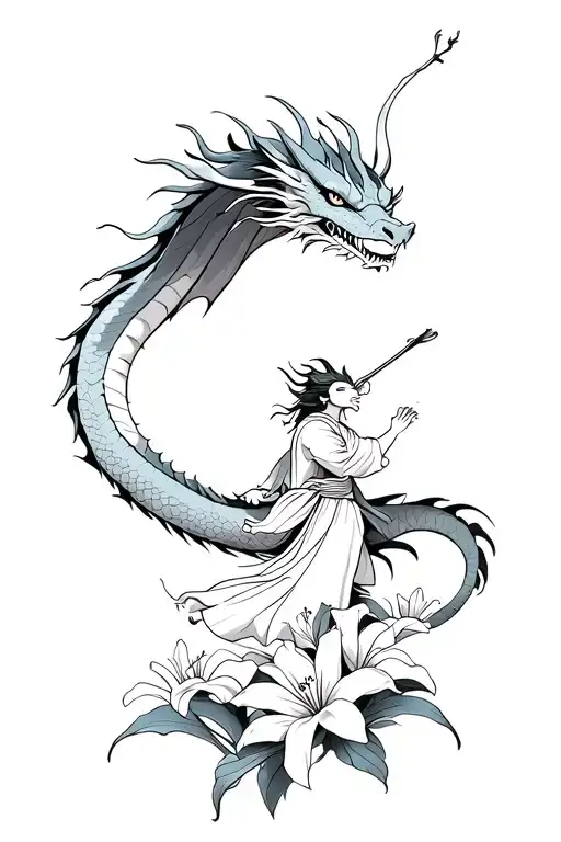 Dragon Flying Reaching Up With One Arm With Rider Surrounded By Oriental Lillies