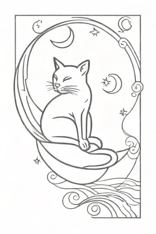A Blackwork Tattoo Of A Cat Silhouette Sitting On A Crescent Moon With Waves Crashing Below