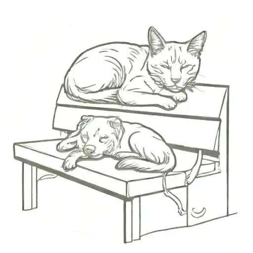 Sketch Of Tattoo Street Cat And Dog Sleeping On Bench