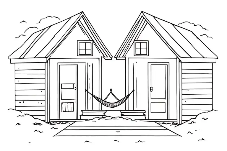 Two Cabins Connected By A Breezeway With A Hammock Hanging Between