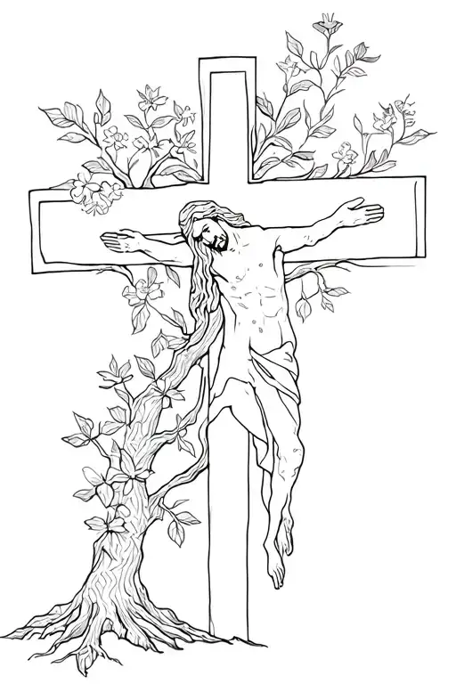 Jesus On Cross With A Tree And Flowers Growing