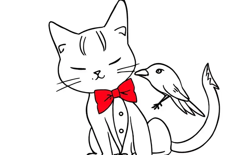 Cute Girl Tuxedo Cat With Red Bow Tie Sitting With A Crow