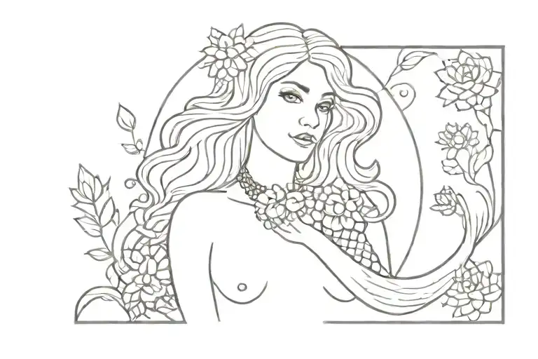 A Minimalist Design Of A Mermaid Surrounded By Succulents And Flowers