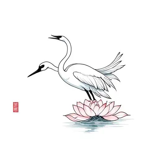 Japanese Crane With Lotus Flower