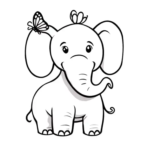 Baby Cartoon Elephant With Snout Upwards And A Butterfly On The Tip Of The Nose