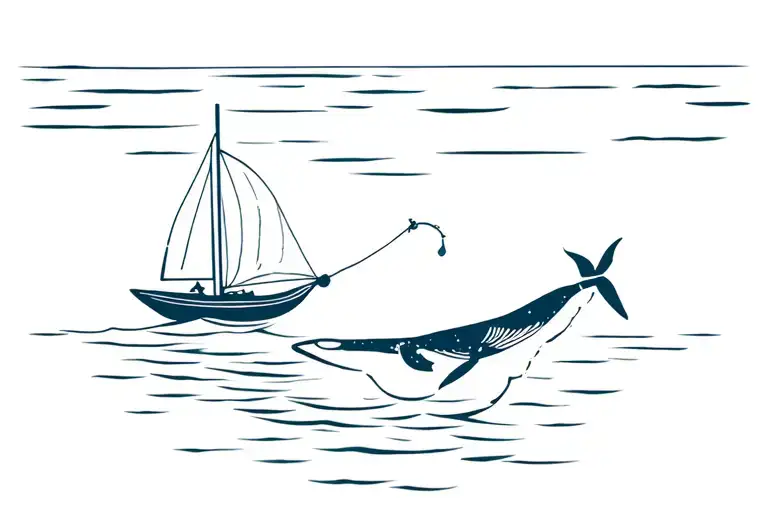 Paper Sail Boat Pulled By A Mooring Line Connected To A Whale Swimming Tattoo