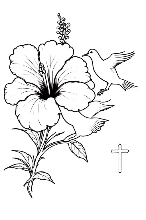 Hibiscus Flower With Two Doves And Cross