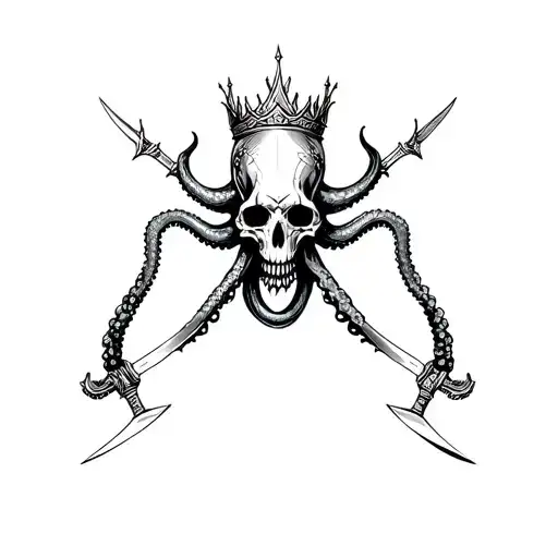 An Octopus Infused Skull Wear A Thorn Crown On A Warrior's Body With Hands Holding Blades