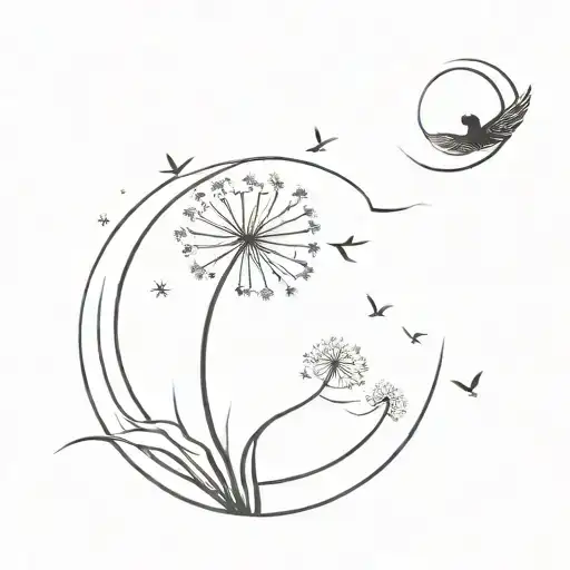 Moon And Dandelion Spread 5 Seeds Drifting Away Transforming To Bird
