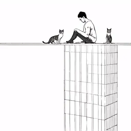 Man Sat On Top Of Skyskraper Legs Dangling Off The Edge With 2 Cats Next To Him