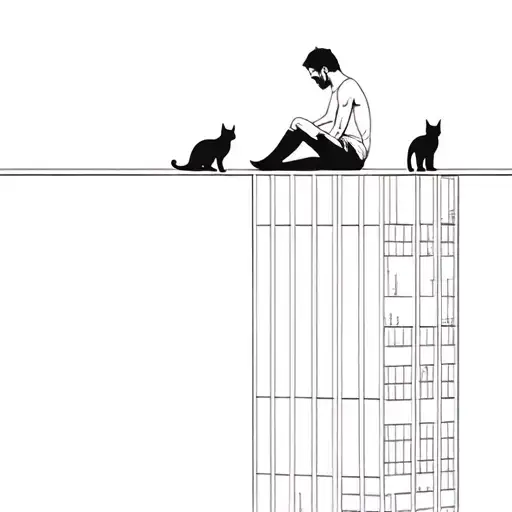 Man Sat On Top Of Skyskraper Legs Dangling Off The Edge With 2 Cats Next To Him
