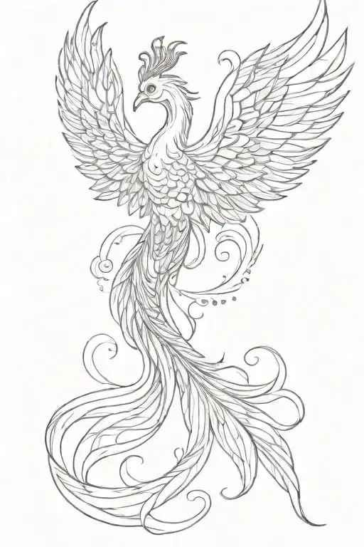 Fantasy Phoenix Feminine Lines Open Wings Soft Edges Very Long Flowy Peacock Type Tail Feathers