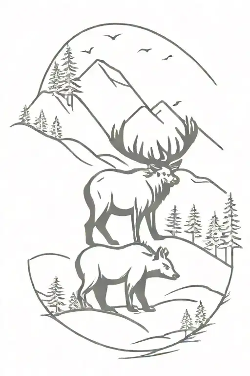A Buck And A Bear In Solid Black With Mountains In The Background And Pine Trees