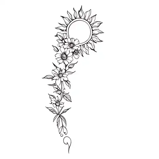 Sun And Flower Spine Tattoo With Flowers