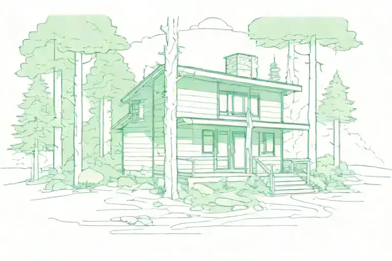 One Level Small Green Rectangular Cabin In The Woods