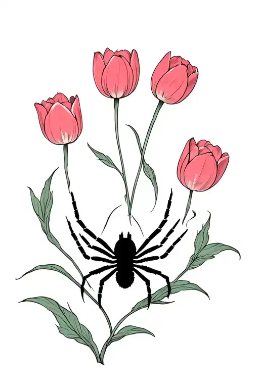 Large Gothic Black Widow Spider Crawling On Web Of Tulips