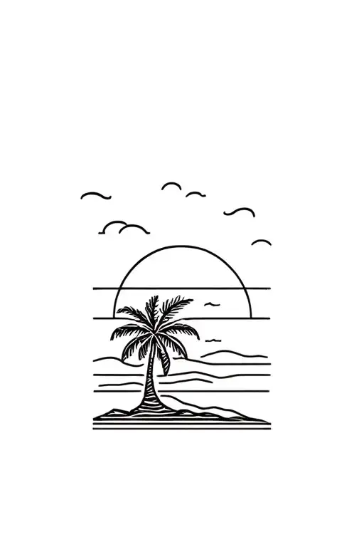 Palm Tree With Sunset Line Art