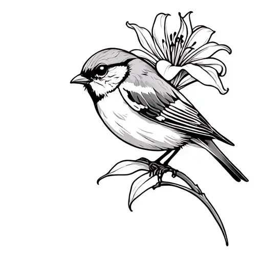 Sparrow With A Lily Flower