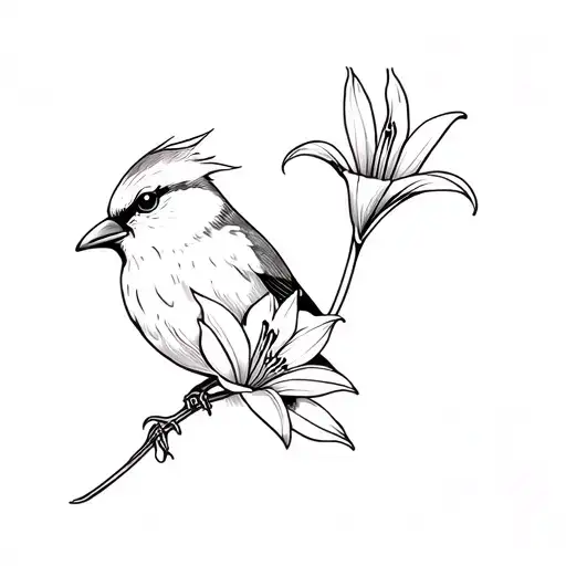 Sparrow With A Lily Flower In Mouth