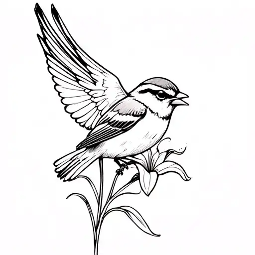 Sparrow Flying With A Lily Flower In Mouth