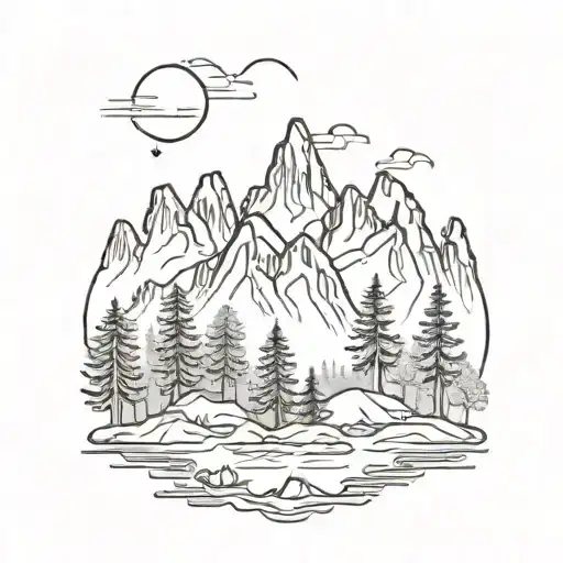 A Mystical Forest Landscape With Six Towering Mountains In The Background