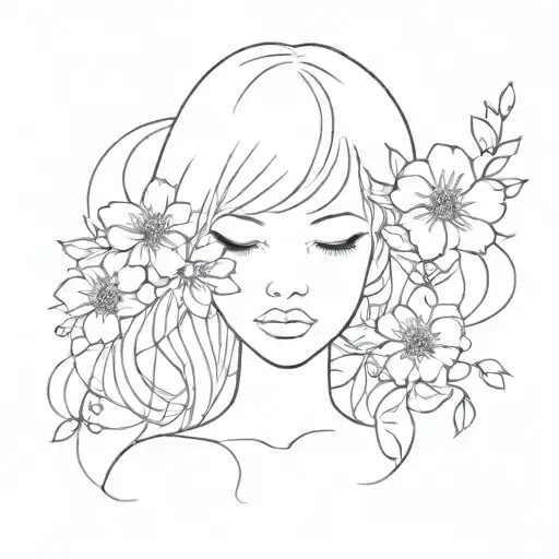 A Simple Line Art Style Flowers In Hair No Face Features